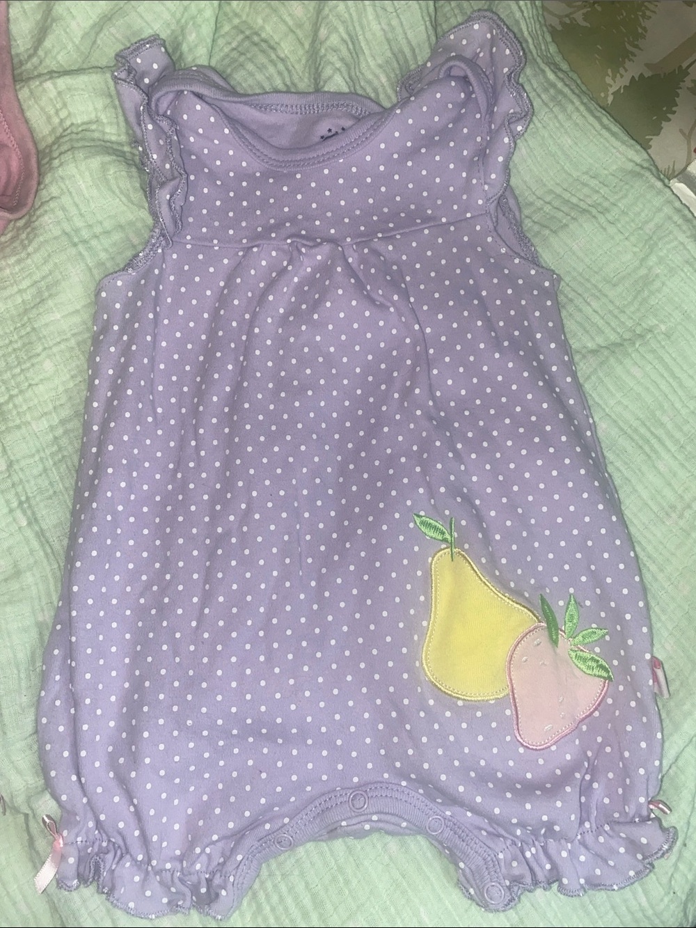 Lavender Polka Dot Baby Romper with Fruit Appliqué 18 months